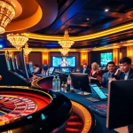 Players enjoying an online gaming experience with ingatbola, surrounded by vibrant casino elements.
