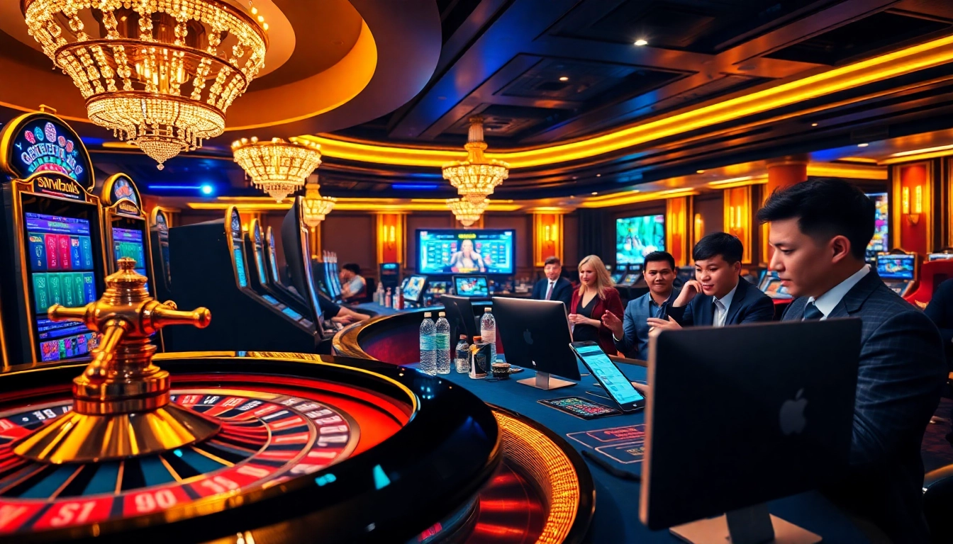 Players enjoying an online gaming experience with ingatbola, surrounded by vibrant casino elements.