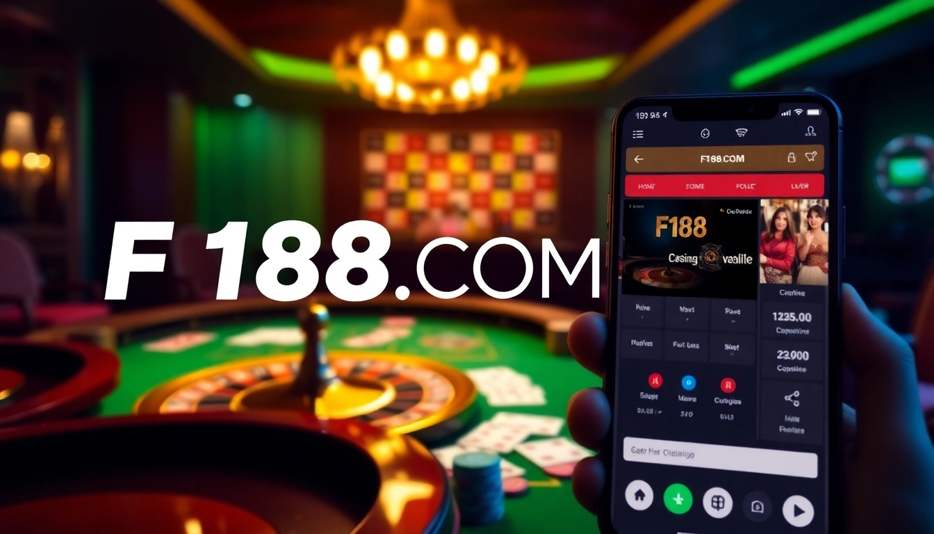 A luxurious casino scene featuring F168.COM, showcasing cards and poker chips to engage online gamblers.