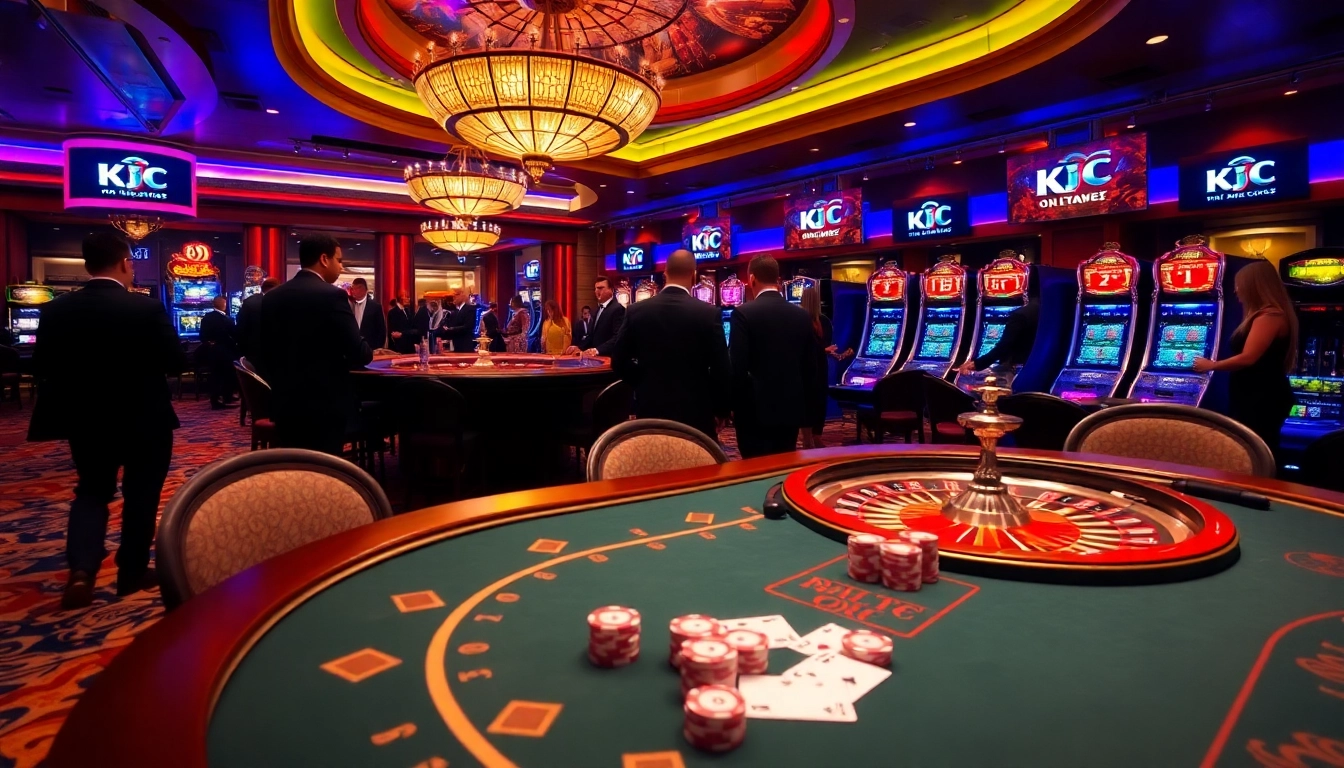 KJC casino scene featuring luxurious poker table and vibrant slot machines.