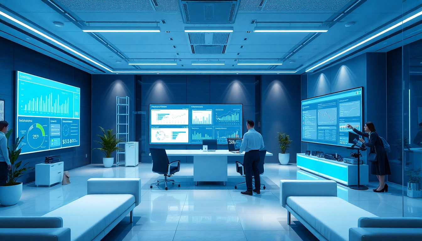 E-defter digital accounting solutions in a modern office environment with financial data displayed on screens.