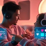 AI sex bot interaction in a cozy, futuristic setting with soft lighting and technology.