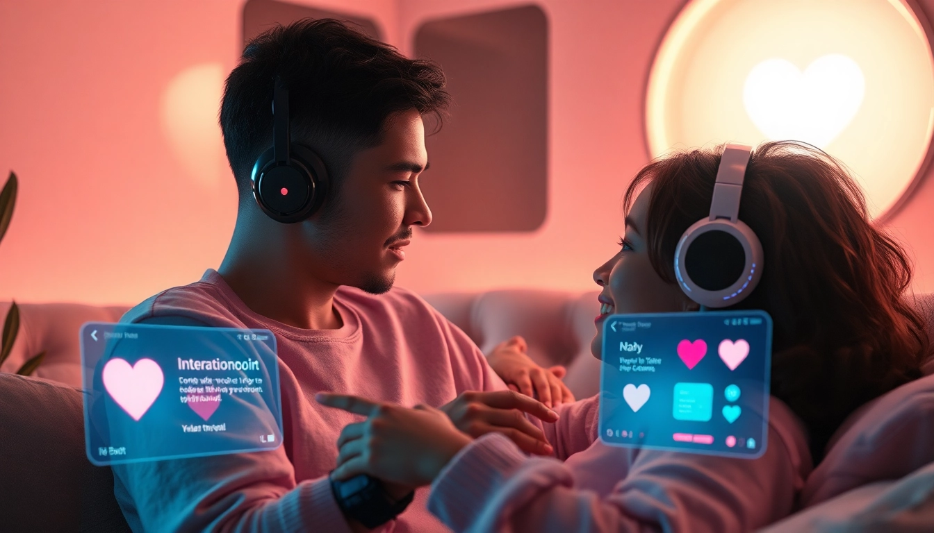 AI sex bot interaction in a cozy, futuristic setting with soft lighting and technology.