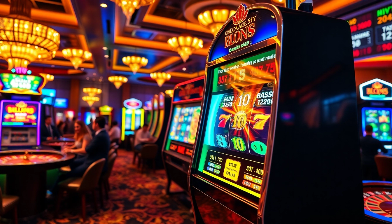 Players enjoying an exciting slot machine experience in a luxurious casino setting.