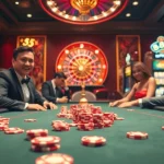 Exciting poker game at nhà cái 888b featuring vibrant chips and illuminated casino atmosphere.