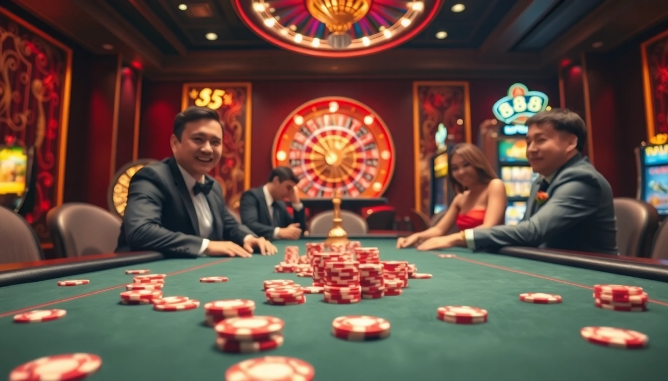 Exciting poker game at nhà cái 888b featuring vibrant chips and illuminated casino atmosphere.