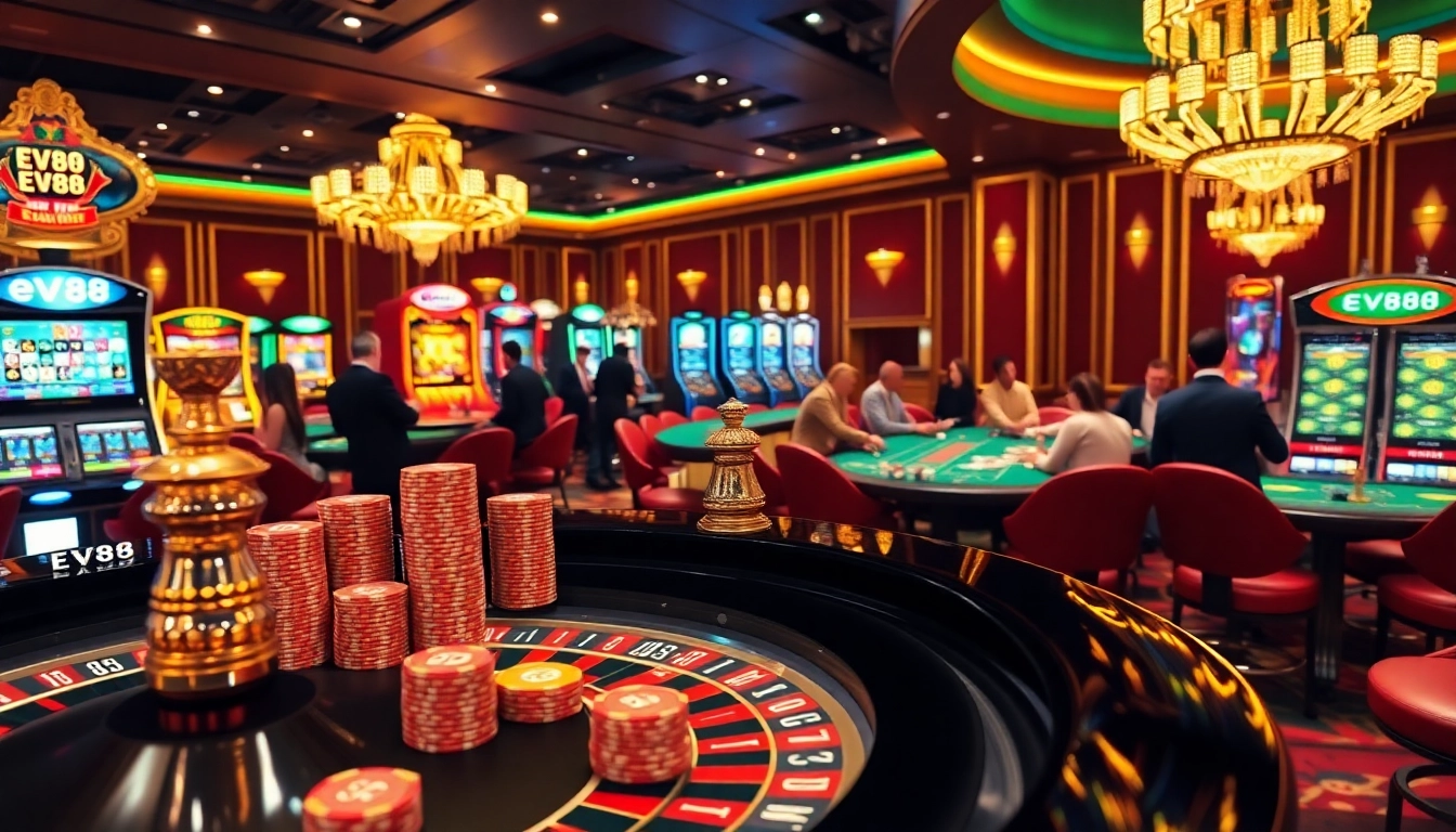 Players strategizing at the luxurious EV88 roulette table in a vibrant casino setting.
