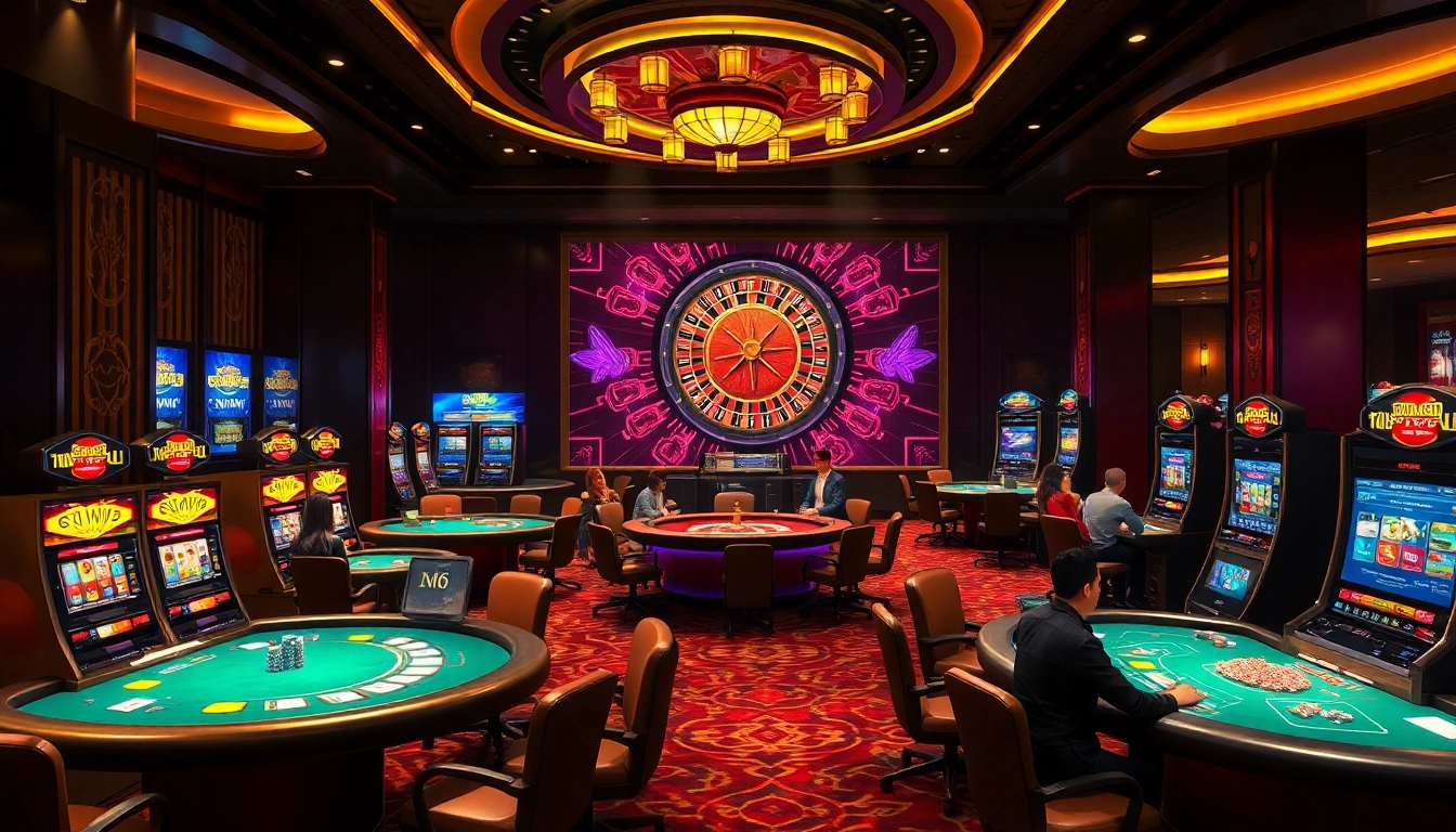 Players enjoying high-stakes games at 98win trang chu casino with vibrant slot machines and poker tables.