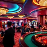 Players enjoying an exciting casino experience with KJC, featuring slot machines and poker tables in a luxurious setting.