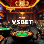 VSBET interactive gaming experience with poker tables, roulette wheel, and slot machines.