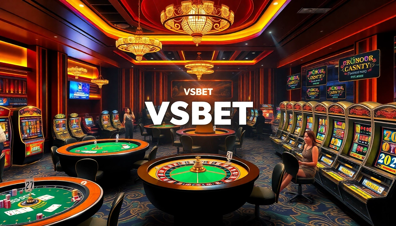 VSBET interactive gaming experience with poker tables, roulette wheel, and slot machines.
