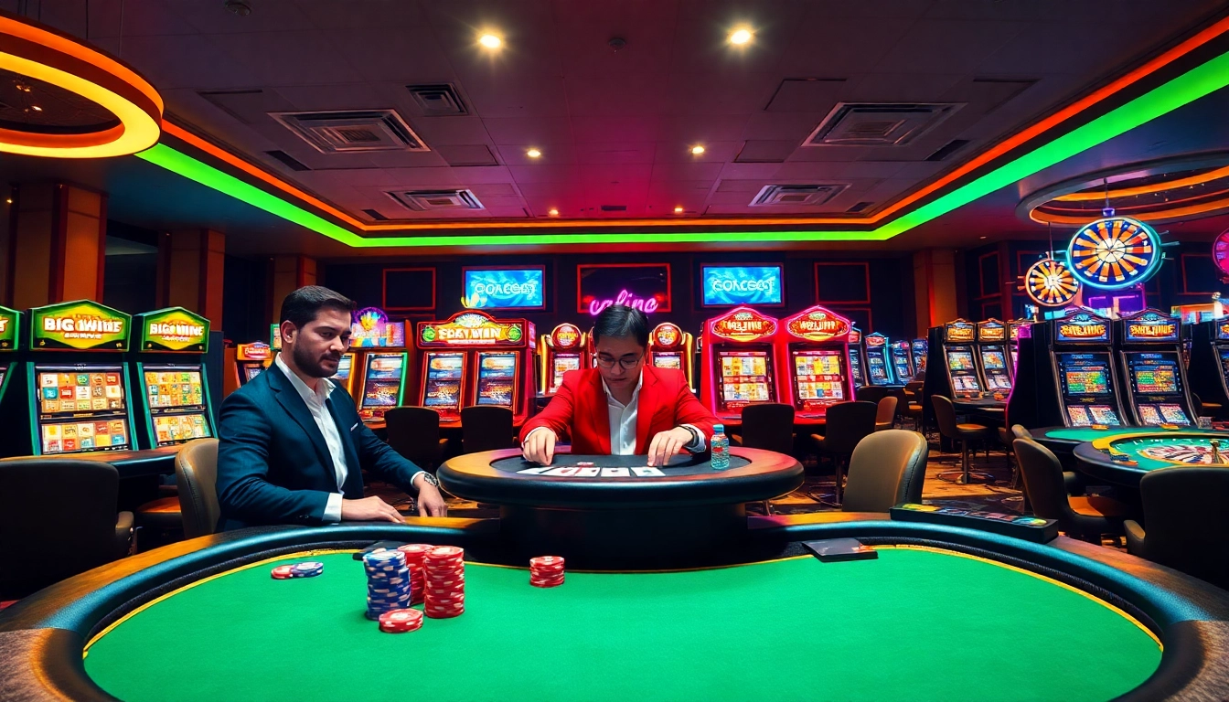 Exciting Slot Gacor action in a luxurious casino with vibrant slot machines, poker players, and roulette wheels.