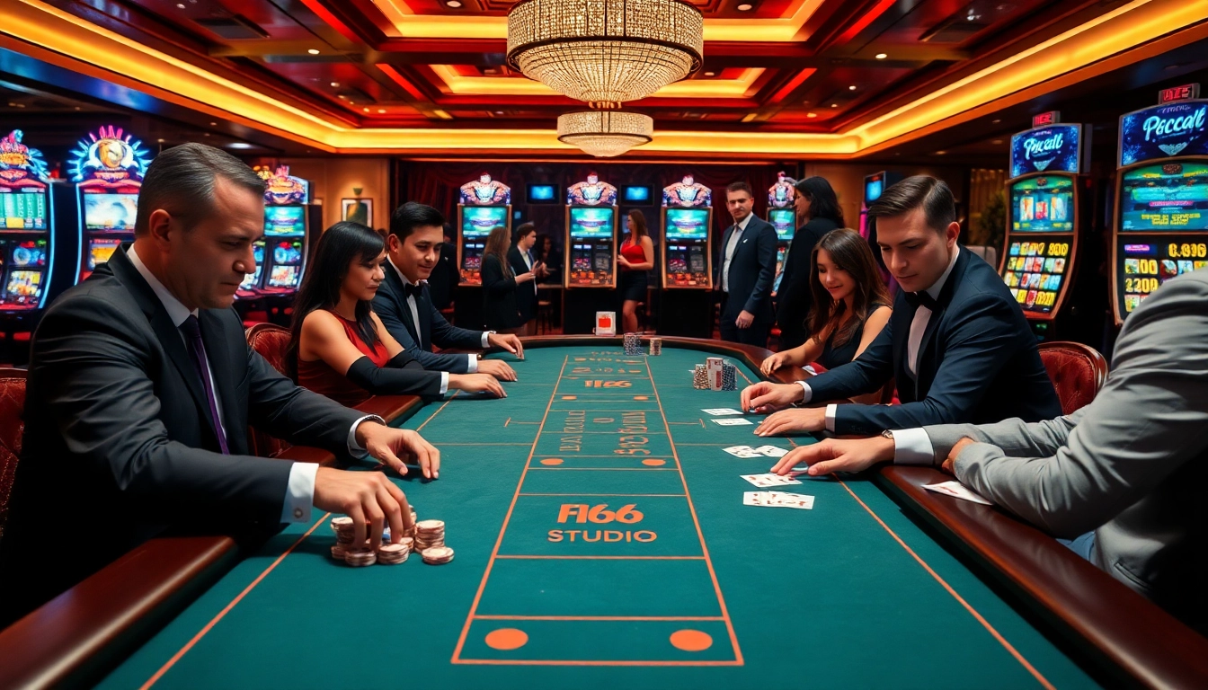 Experience the thrill of baccarat at F168.STUDIO, showcasing vibrant casino tables filled with excitement.