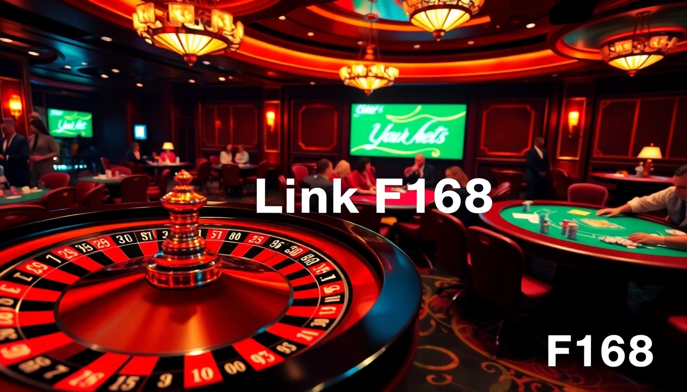 Experience the thrill of Link F168 at a vibrant casino with roulette, cards, and poker chips.