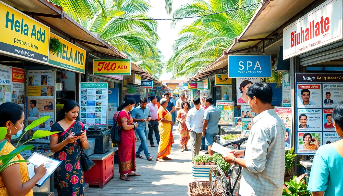 Hela Add marketplace scene in Sri Lanka showcasing vibrant personal and spa ads.
