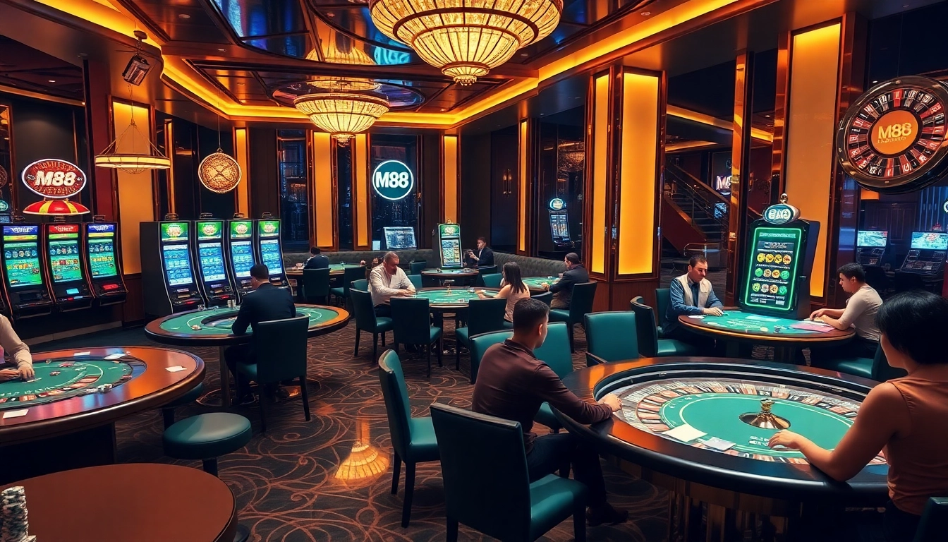 M88 casino scene featuring poker tables, vibrant slot machines, and engaging gamblers.