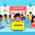 Lanka Add online marketplace scene with people engaging through ads in a vibrant Sri Lankan setting.