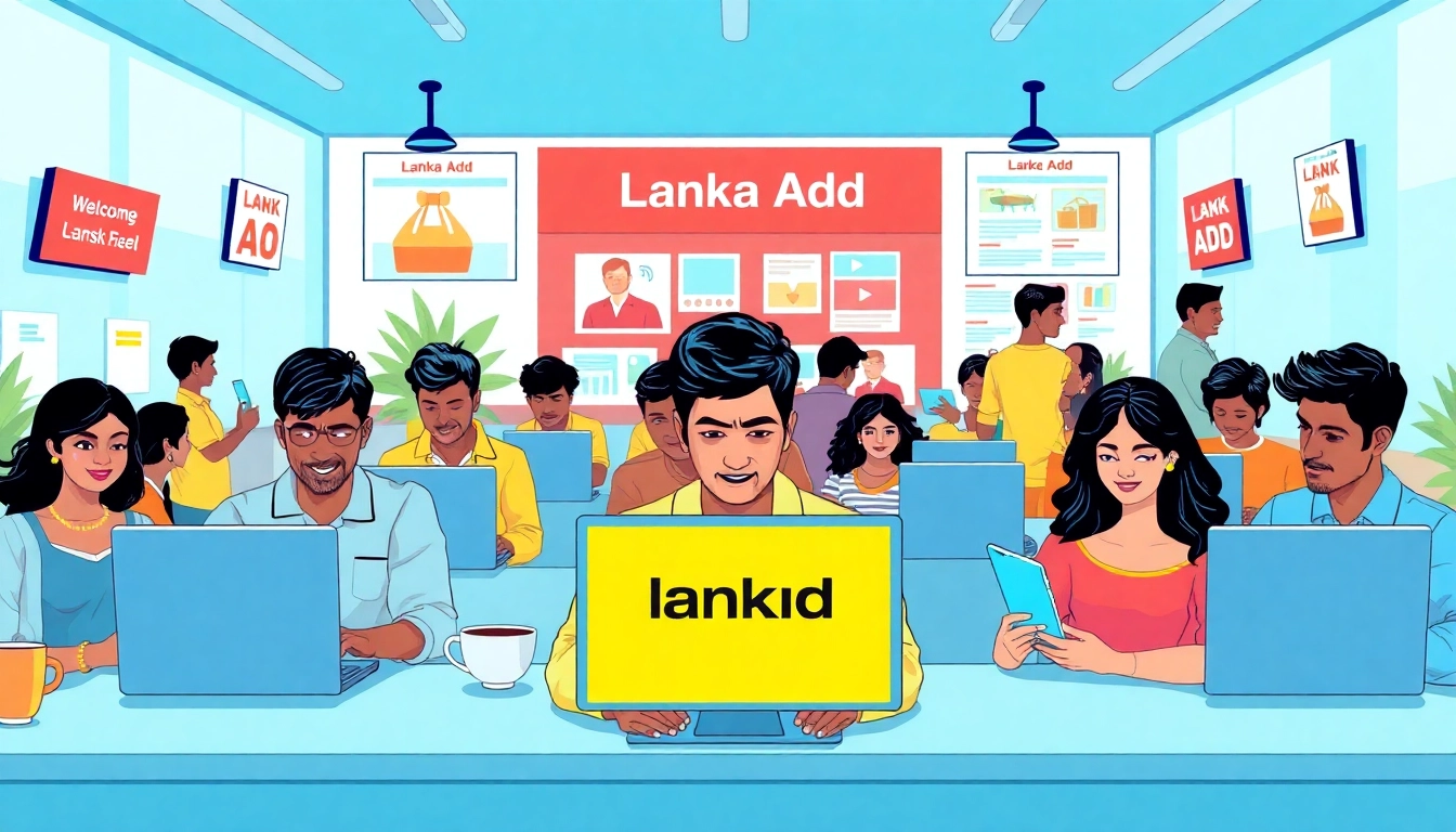 Lanka Add online marketplace scene with people engaging through ads in a vibrant Sri Lankan setting.