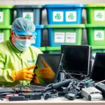 Promoting free computer recycling with a technician responsibly handling electronic waste in a clean environment.