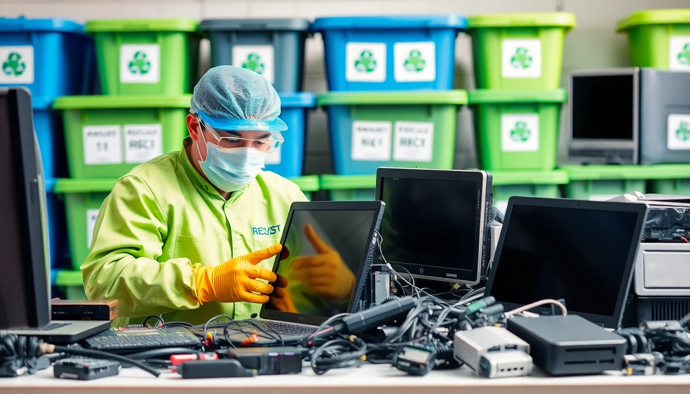 Promoting free computer recycling with a technician responsibly handling electronic waste in a clean environment.