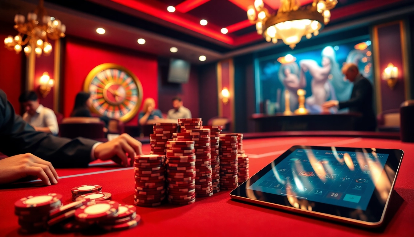 Engaged players enjoy high-stakes poker at thabet com, surrounded by vibrant casino elements and luxury.