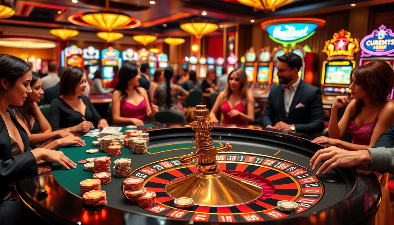 Players enjoying an exhilarating roulette game at thabet.com with vibrant poker chips and cards.