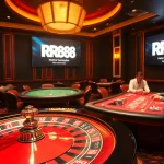 Exciting scene at RR88 casino with roulette wheel, poker tables, and vibrant gaming atmosphere.