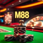 Experience the excitement of M88 casino gaming with vibrant chips and a graceful roulette table.