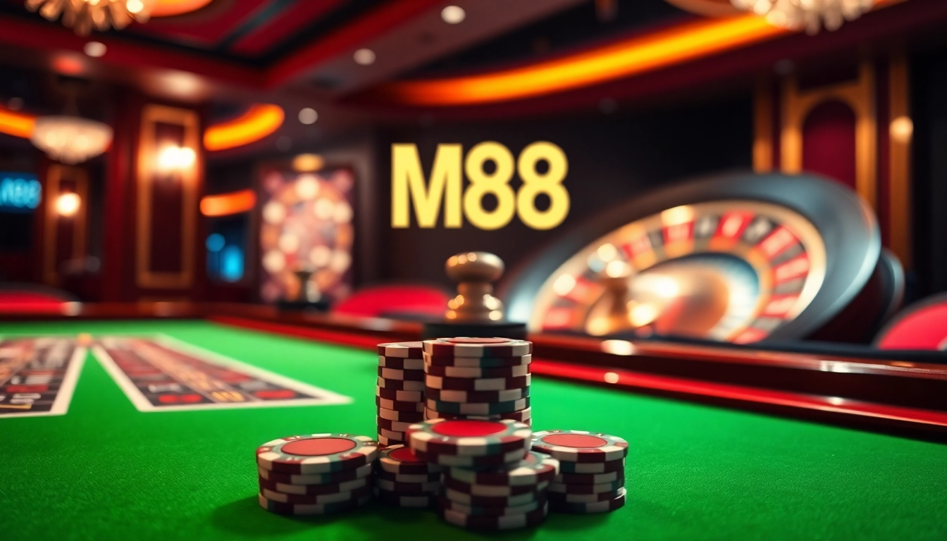 Experience the excitement of M88 casino gaming with vibrant chips and a graceful roulette table.