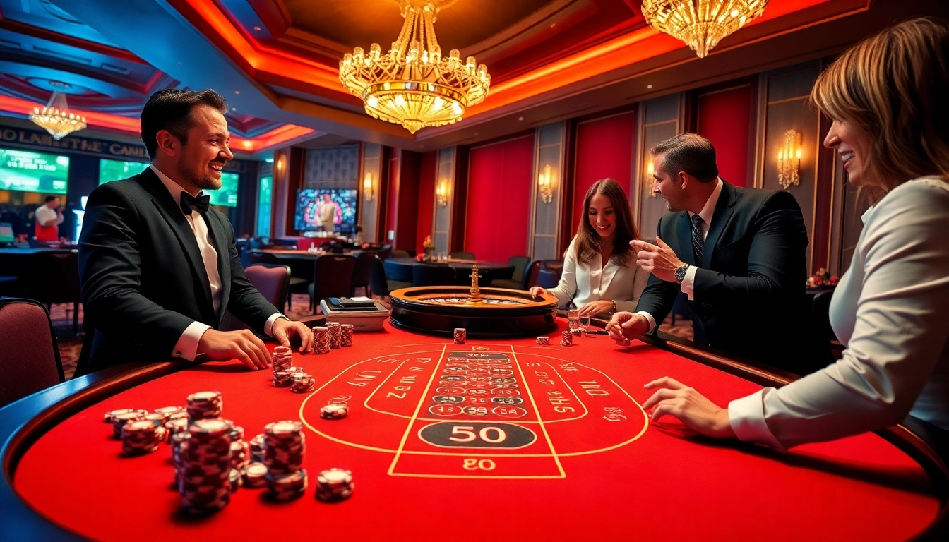 Experience thrilling Baccarat at https://jun88buzz.info/ with players strategizing and vibrant casino ambiance.