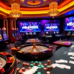 Engaged gamblers at a stylish casino with modern elements from https://mm88.forex/ featuring vibrant slot machines.