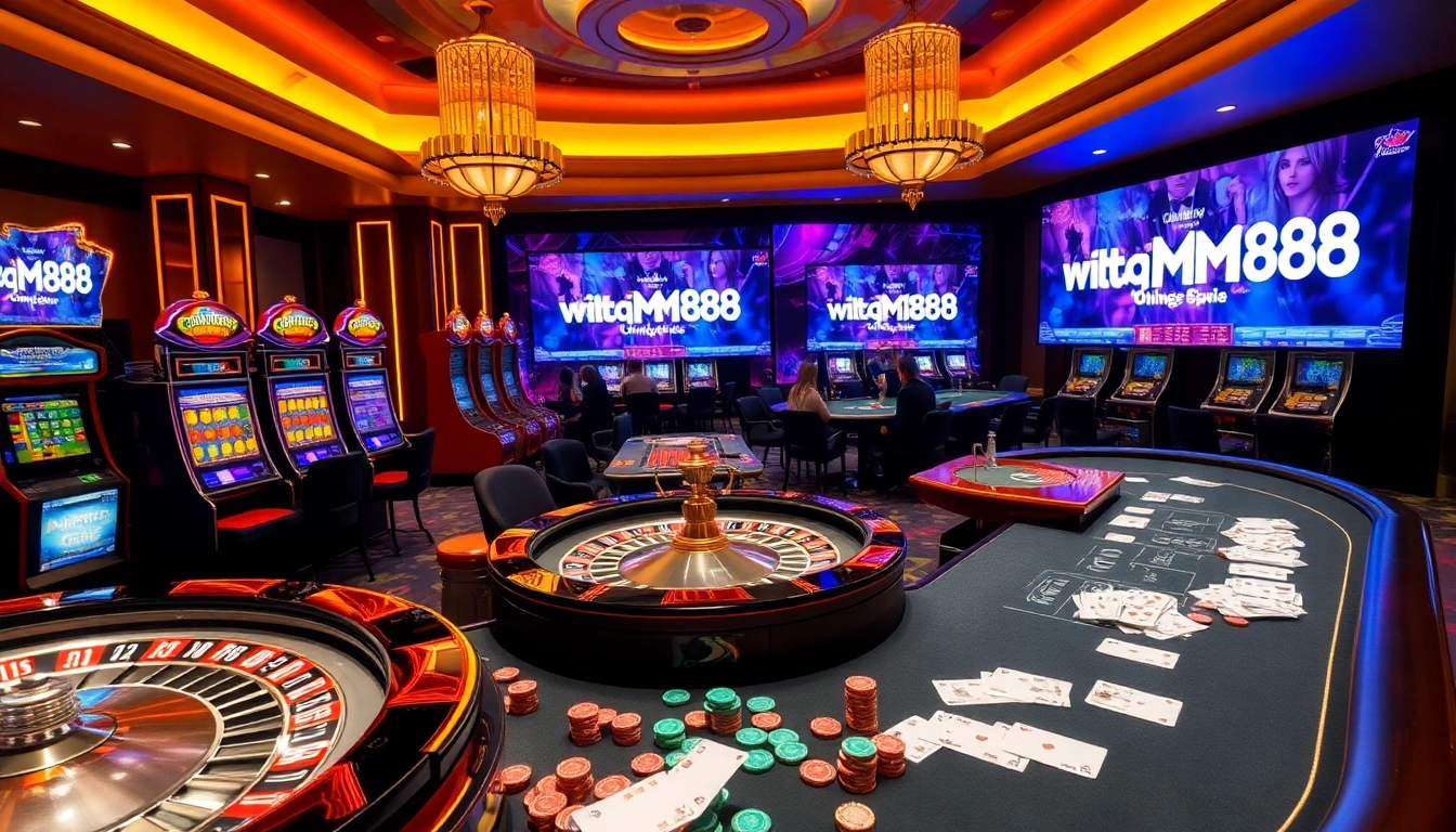 Engaged gamblers at a stylish casino with modern elements from https://mm88.forex/ featuring vibrant slot machines.