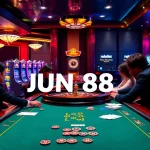 Engaging poker players at a stylish jun 88 casino with vibrant slots and roulette.
