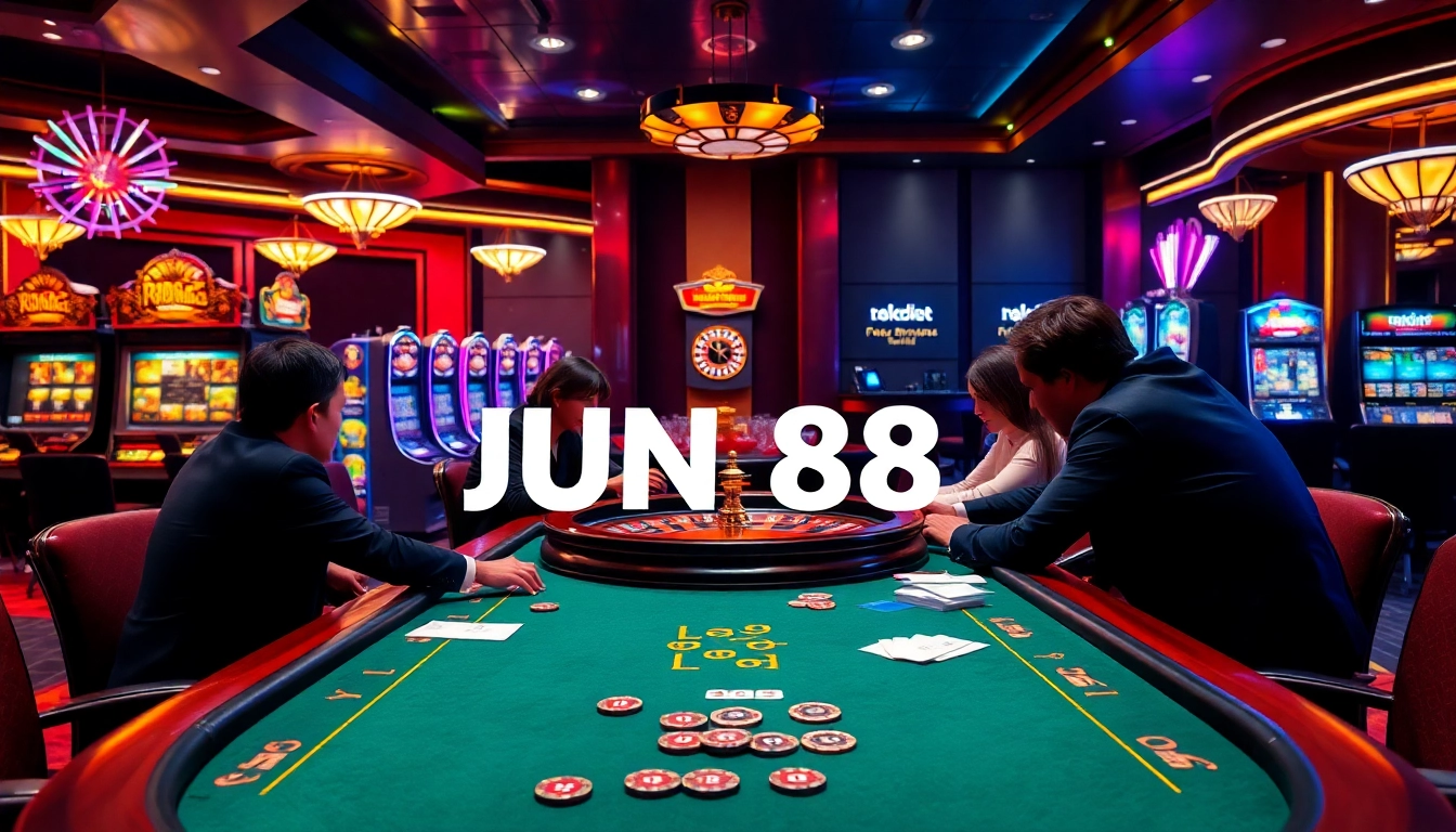 Engaging poker players at a stylish jun 88 casino with vibrant slots and roulette.