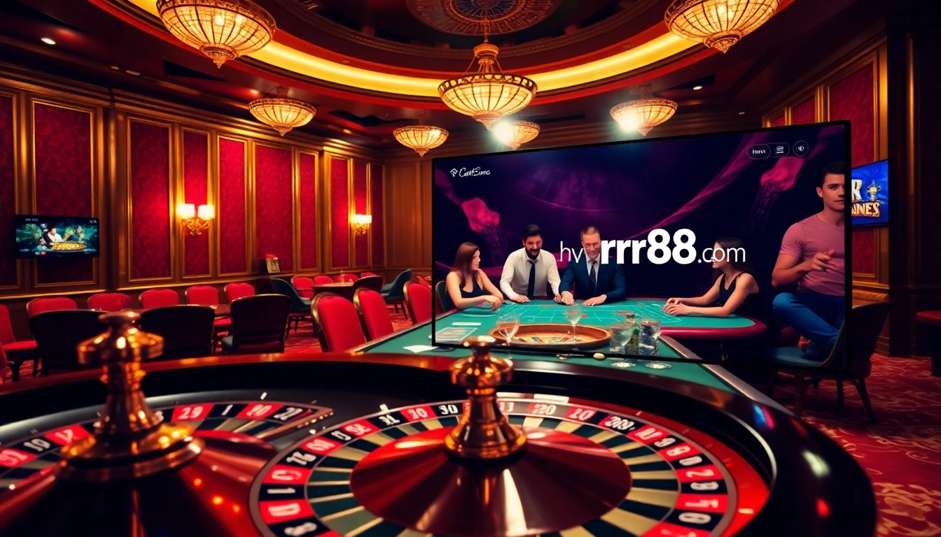 Enjoy a thrilling game at https://rr88ez.com/ with excited players at a blackjack table, vibrant roulette wheel, and scattered poker chips.