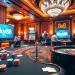 sky88 bị bắt highlights a thrilling casino scene with poker, roulette, and engaged players.