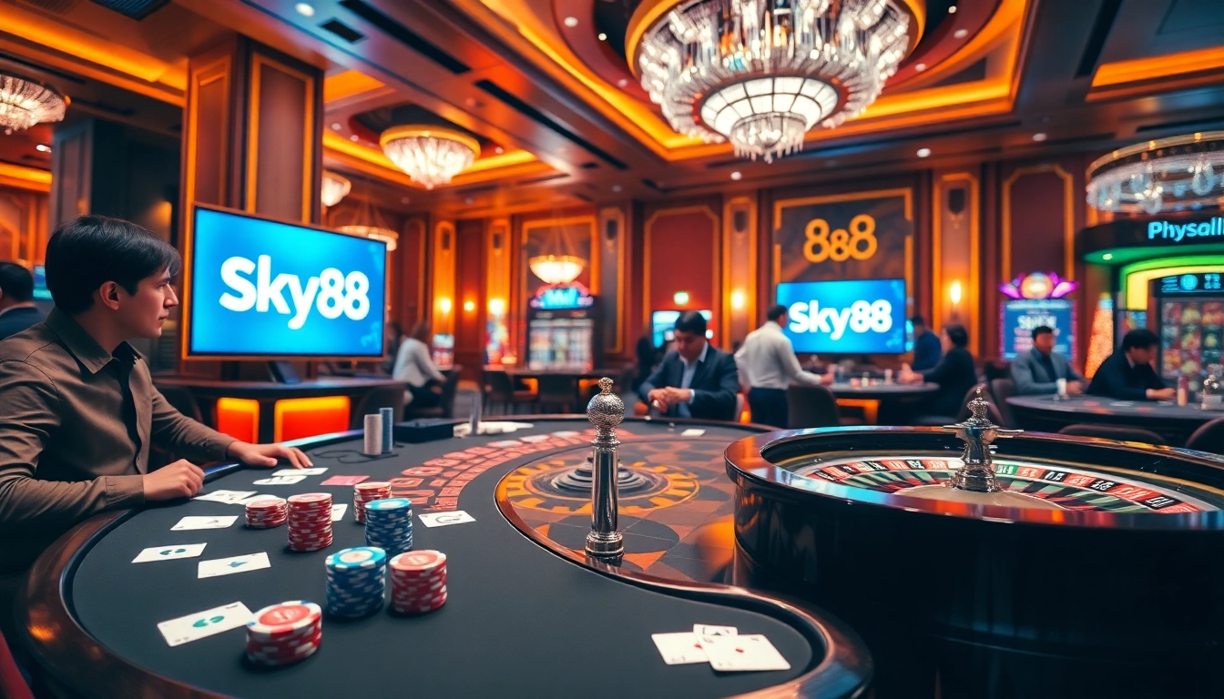 sky88 bị bắt highlights a thrilling casino scene with poker, roulette, and engaged players.