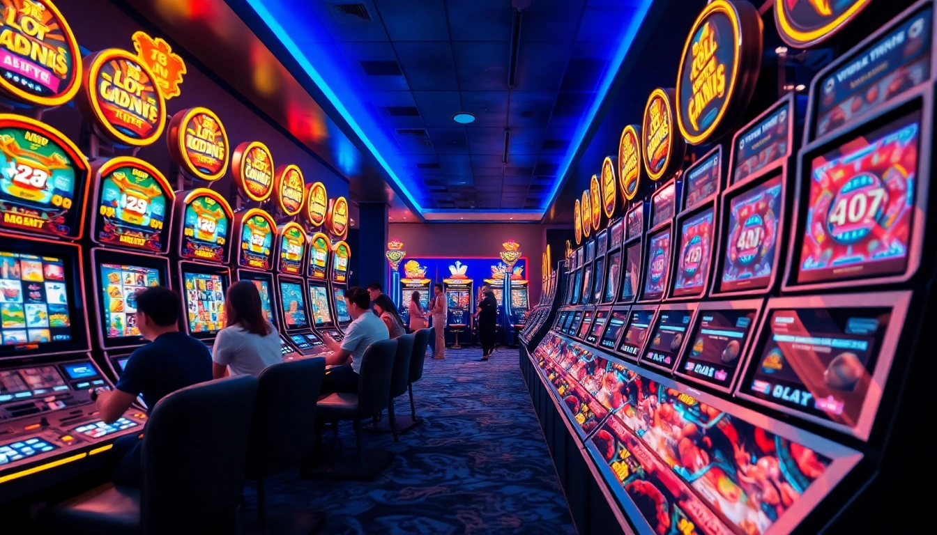 Kode4d link showcased in a vibrant online gaming lounge filled with slot machines and excited players.