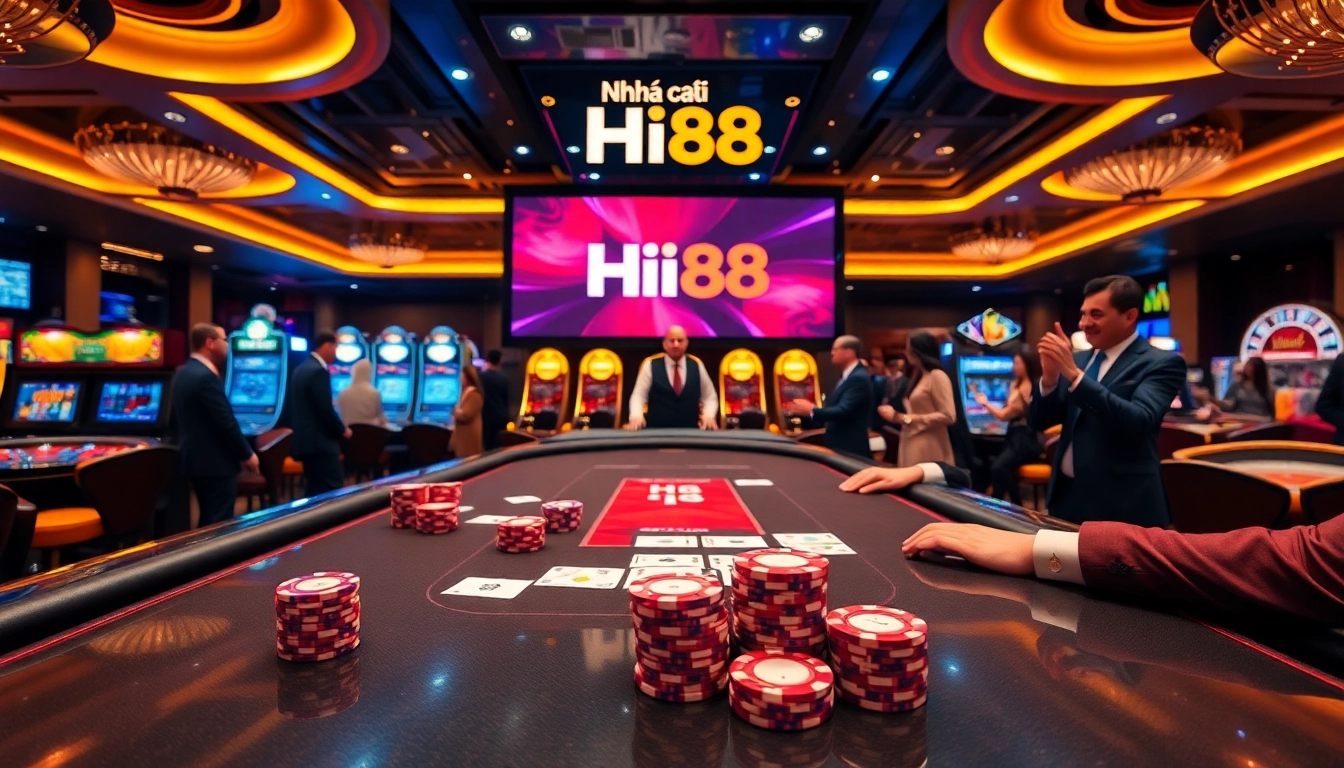 Engaging players at Nhà cái Hi88 casino table with poker chips and cards, highlighting excitement.