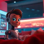 Intimate AI sex chat interaction with a friendly digital character in a warm, inviting room setting.