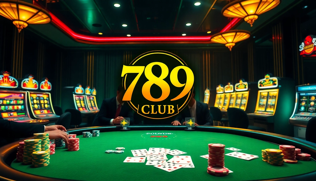 Players enjoy a thrilling game at the 789 club casino, surrounded by poker chips and slot machines.