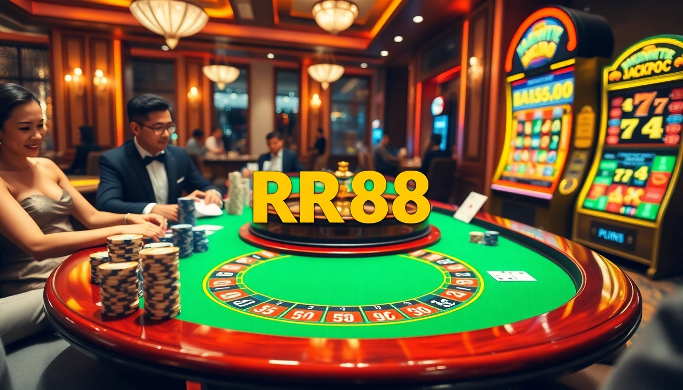 Experience the thrill of rr88 with players at a luxurious roulette table in a casino.