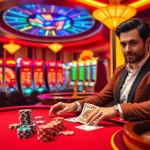 Engaging gambler at nhà cái win678 with poker chips and a roulette wheel in the vibrant casino scene.