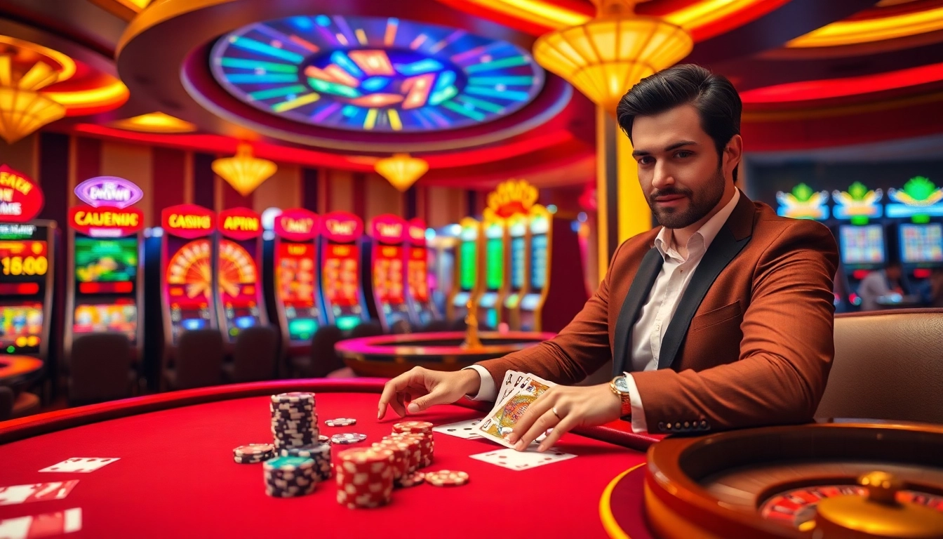 Engaging gambler at nhà cái win678 with poker chips and a roulette wheel in the vibrant casino scene.