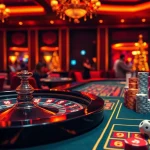 Experience the excitement of mb 88 as players engage at a luxurious casino table, surrounded by vibrant chips and a roulette wheel.