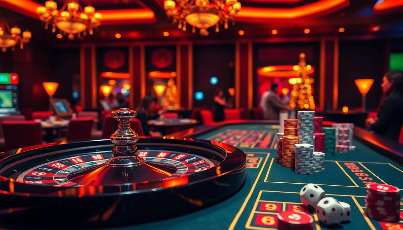 Experience the excitement of mb 88 as players engage at a luxurious casino table, surrounded by vibrant chips and a roulette wheel.