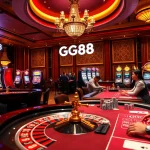 Players enjoying gaming action at GG88 casino with poker tables, roulette wheel, and slot machines.