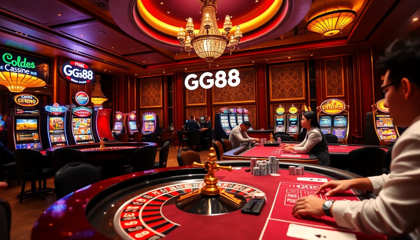 Players enjoying gaming action at GG88 casino with poker tables, roulette wheel, and slot machines.