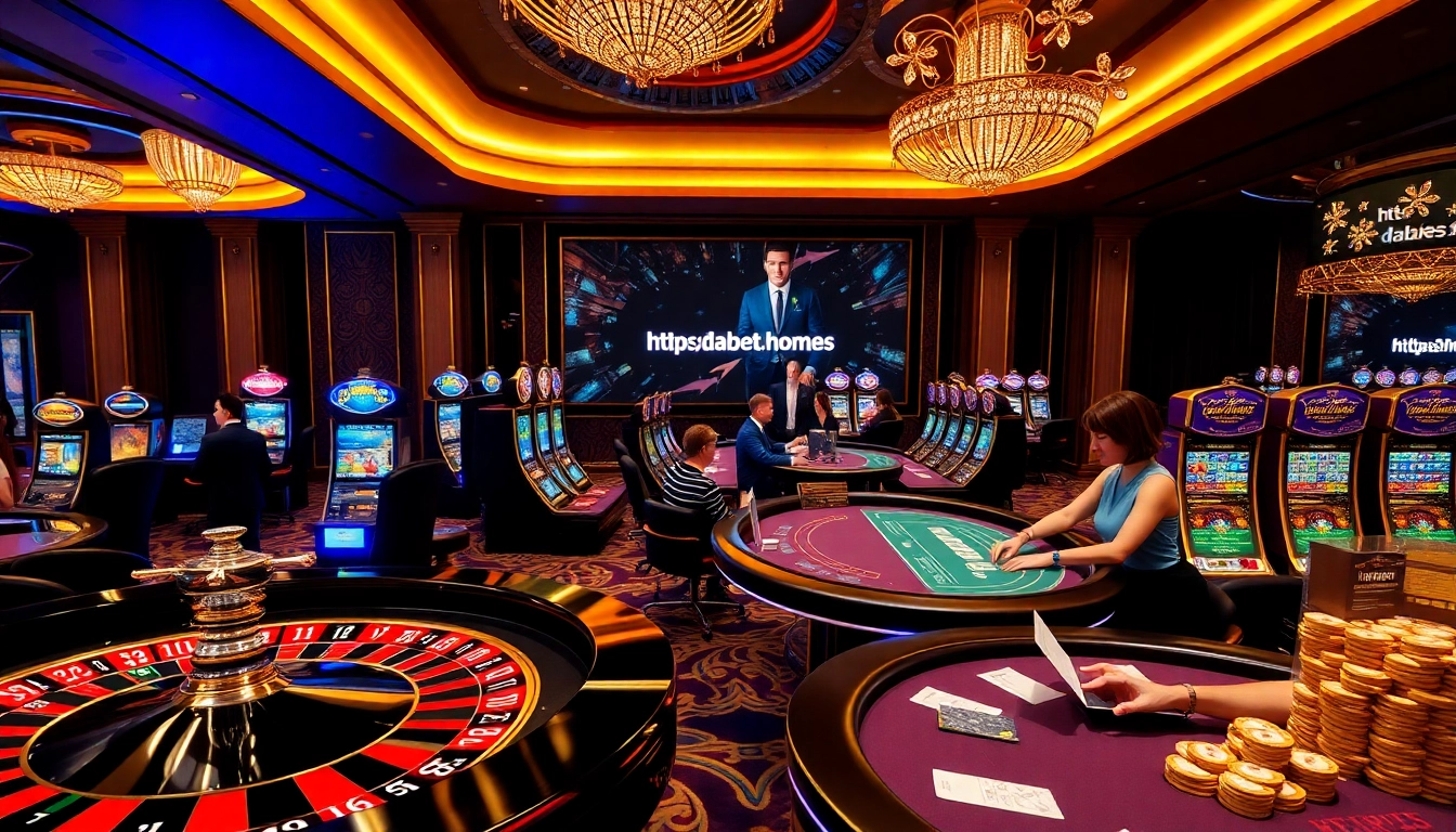 Excited players enjoy a thrilling casino experience at https://dabet.homes, featuring vibrant tables and roulette wheels.