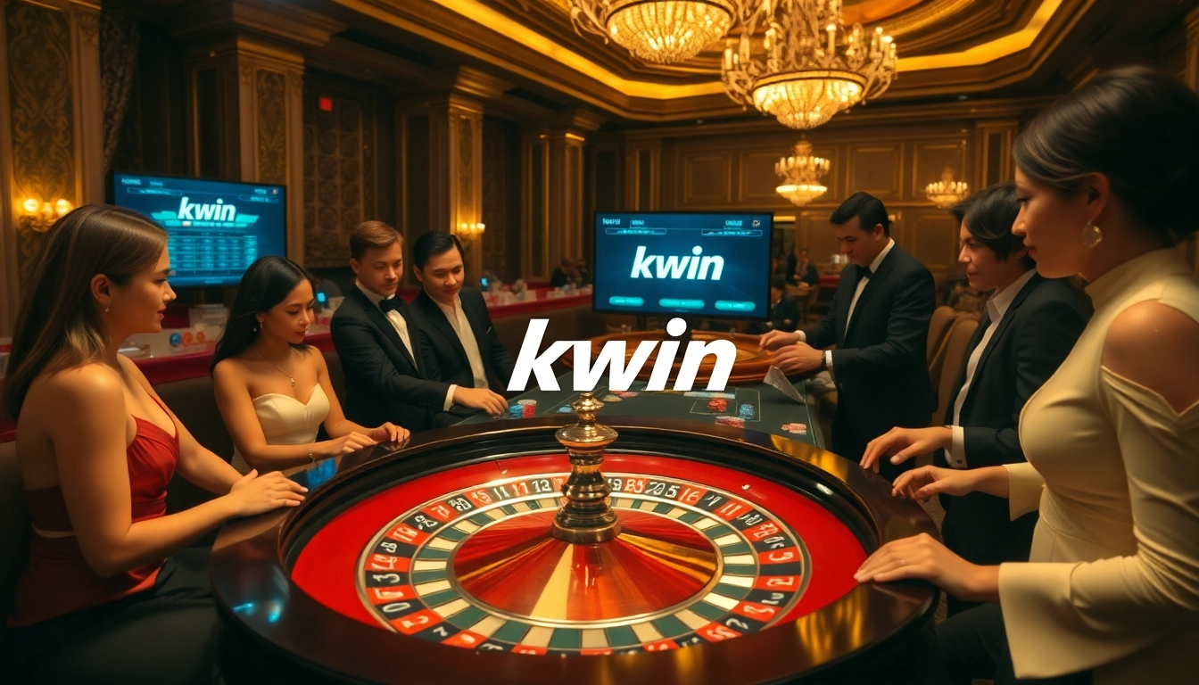 Kwin players strategizing for a winning bet at an elegant roulette table in a luxurious casino.